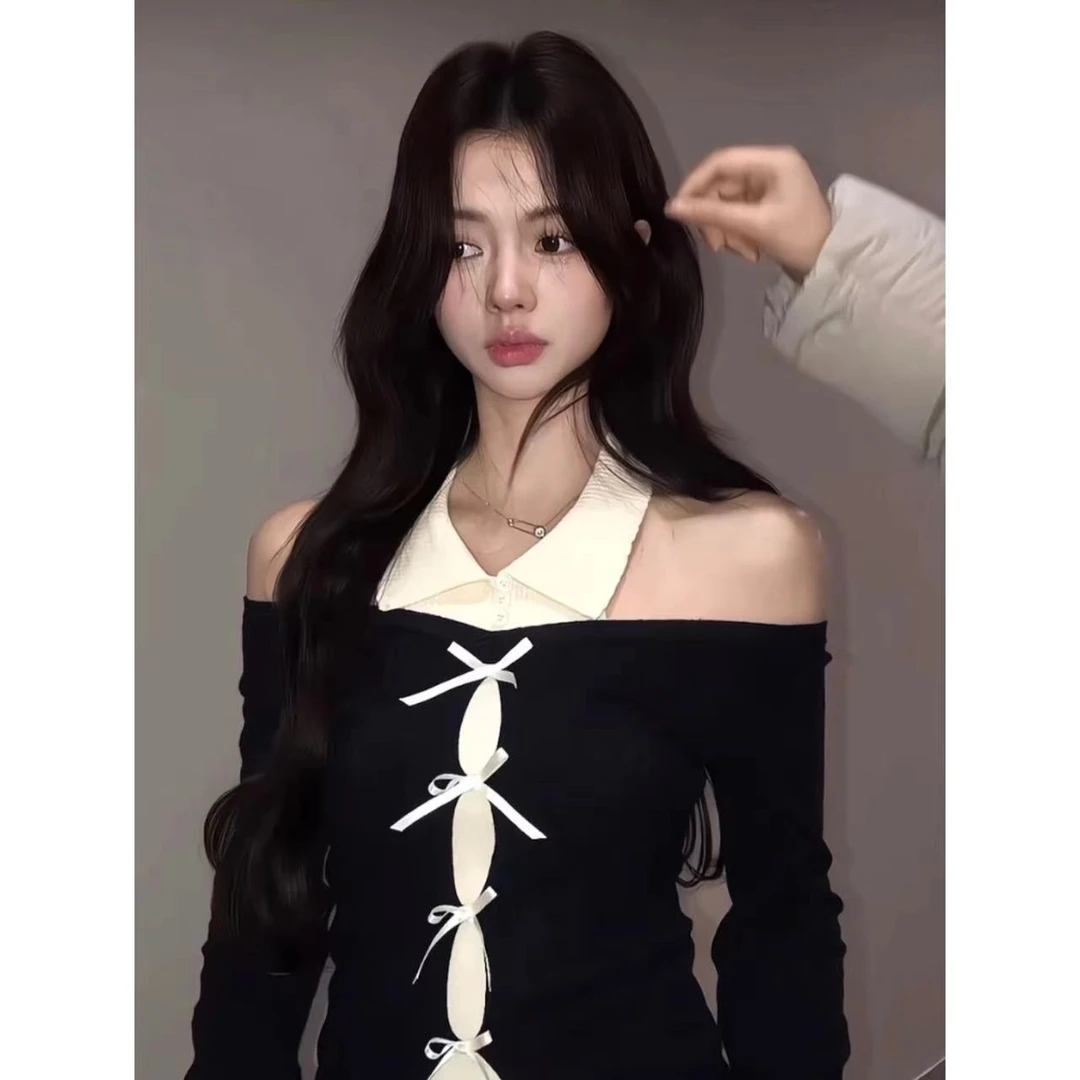 红人馆针织衫女2024年新款秋冬季露肩上衣韩系穿搭假两件毛衣外套