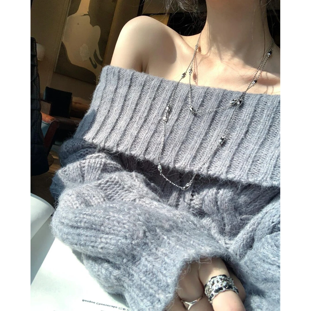 cunblvd常存 法式慵懒大宽松一字领绞花套头毛衣女时髦复古针织衫