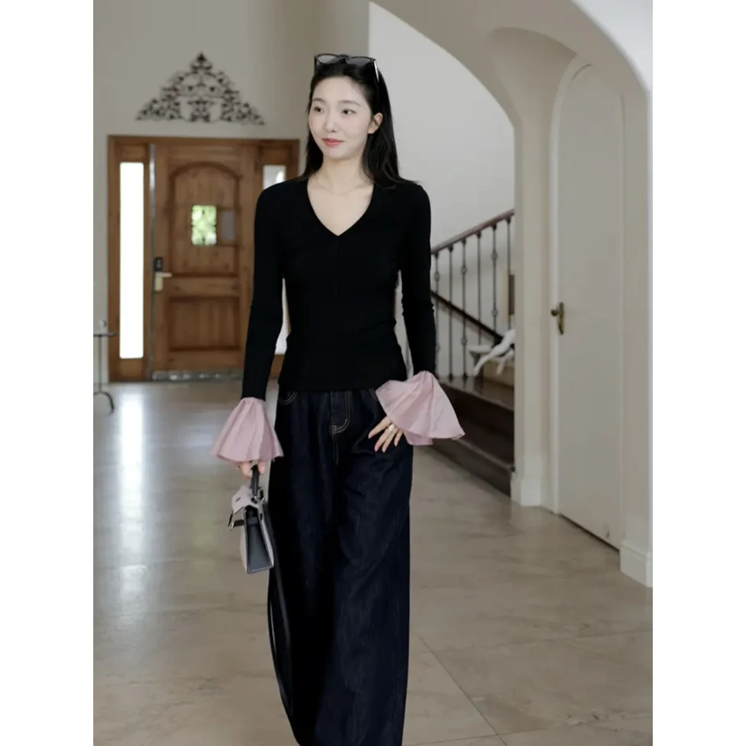 2024长袖针织时尚法式V领拼接撞色T恤针织衫阔腿牛仔裤黑色百搭