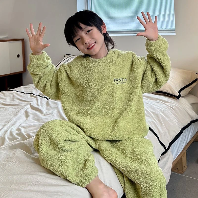 儿童秋冬新款保暖法兰绒套头双面绒家居服珊瑚绒套装