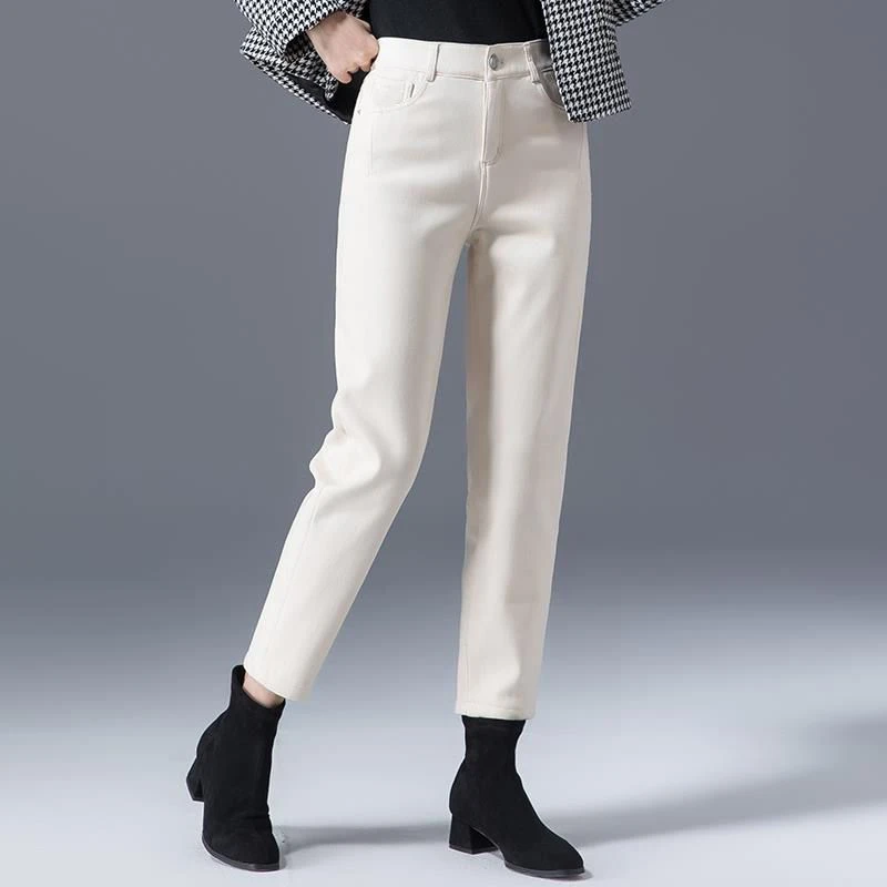 米白色牛仔裤女九分大码2025冬季加绒显瘦高腰宽松老爹哈伦萝卜裤