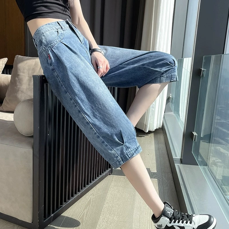秋季新款七分牛仔裤女高腰显瘦哈伦裤2025镰刀裤小个子香蕉裤中裤