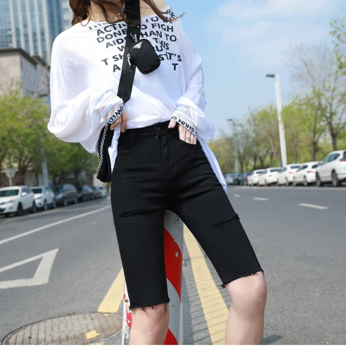 黑色2025新款秋季弹力牛仔五分裤女破洞紧身骑行裤显瘦高腰中裤