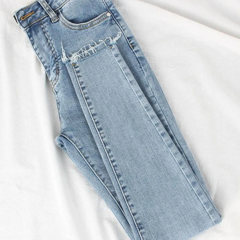 2025秋冬季加绒加厚蓝色牛仔裤女高腰修身弹力显瘦毛边九分小脚裤