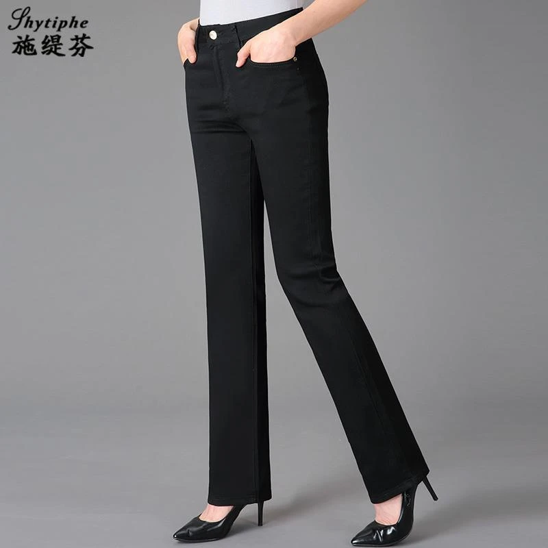 爆款2025加绒黑色牛仔裤女高腰宽松直筒裤弹力修身大码中年妈妈裤