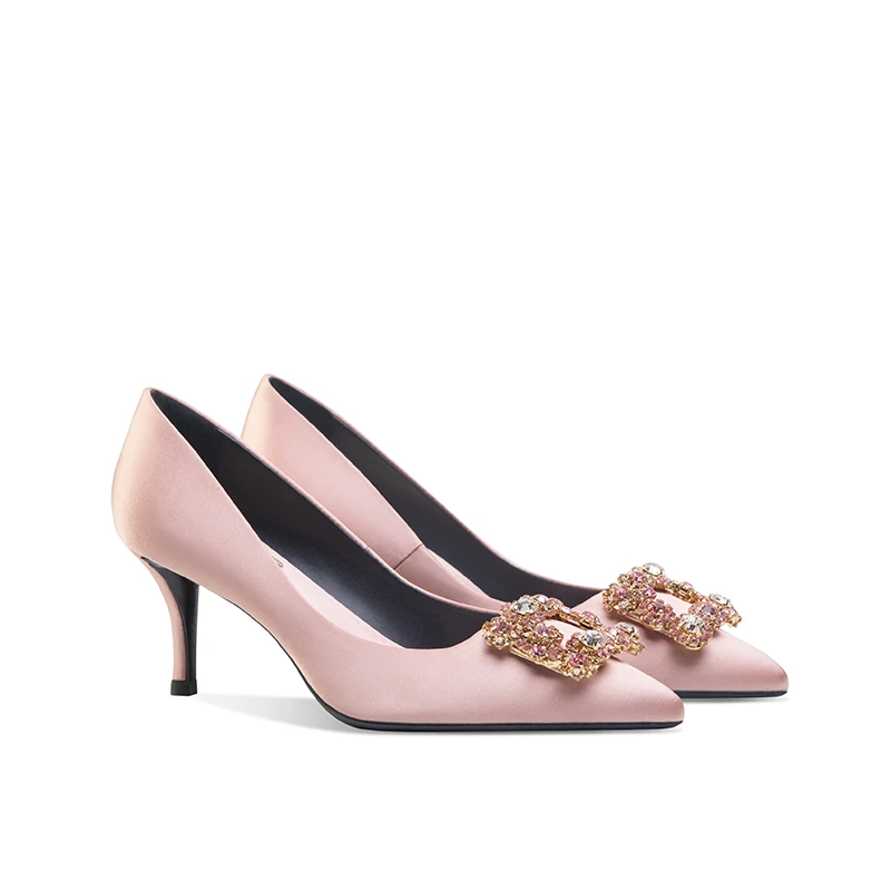 2025新款水钻方扣尖头高跟鞋女细跟婚鞋红色新娘单鞋