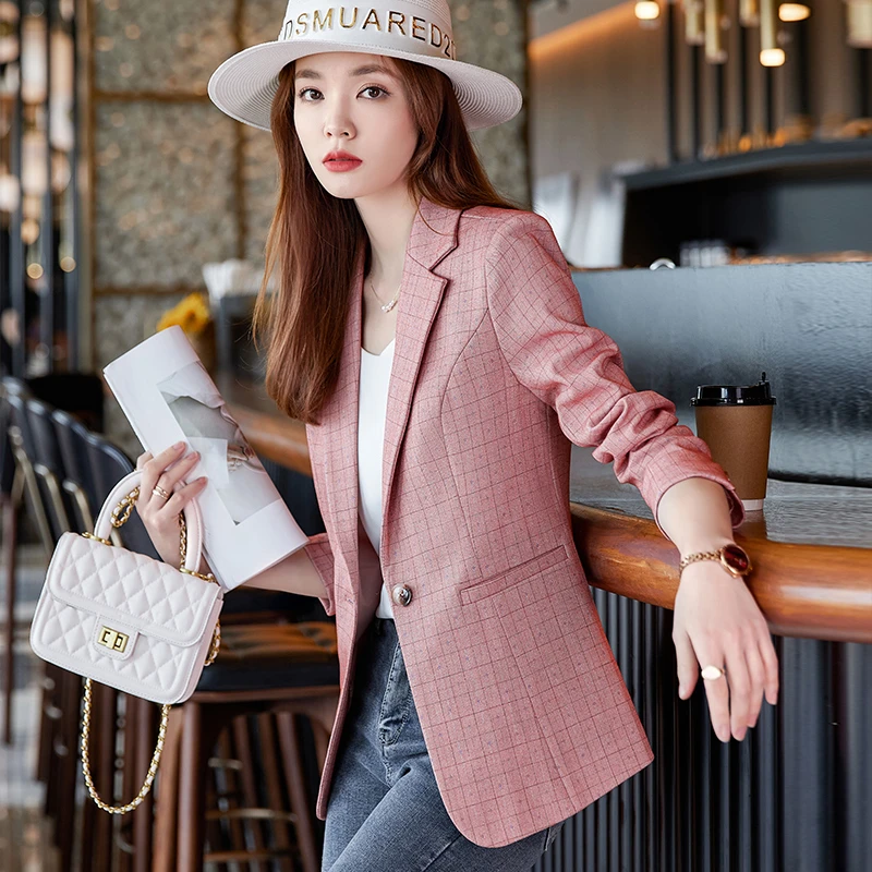高级感减龄粉色格子小西装外套女长袖2025早秋新款网红气质工作服