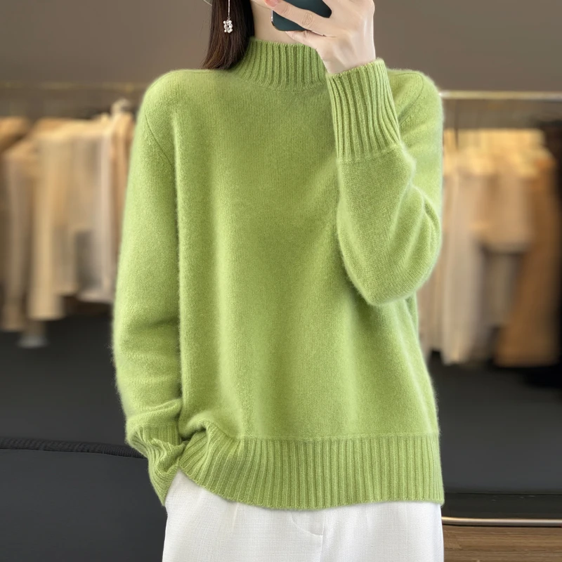 重磅加厚~曾黎同款100羊绒衫女半高领宽松休闲气质百搭针织打底ZL