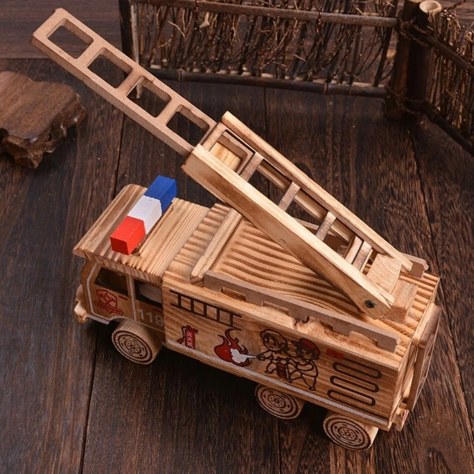 木制工程车摆件工艺品消防车工艺品木制