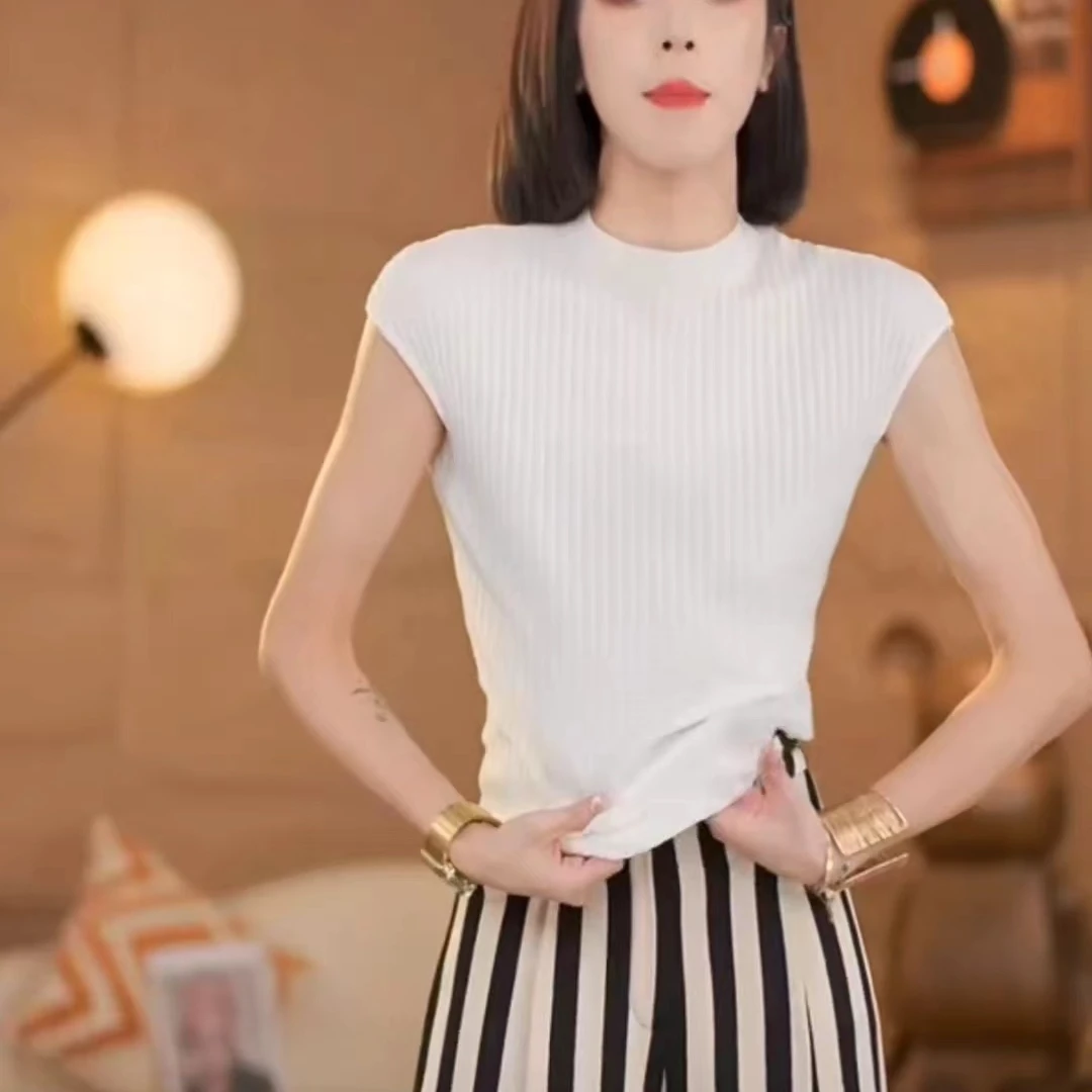 薄款天丝莱赛尔小包袖针织衫女夏季圆领修身百搭气质显瘦纯色时尚