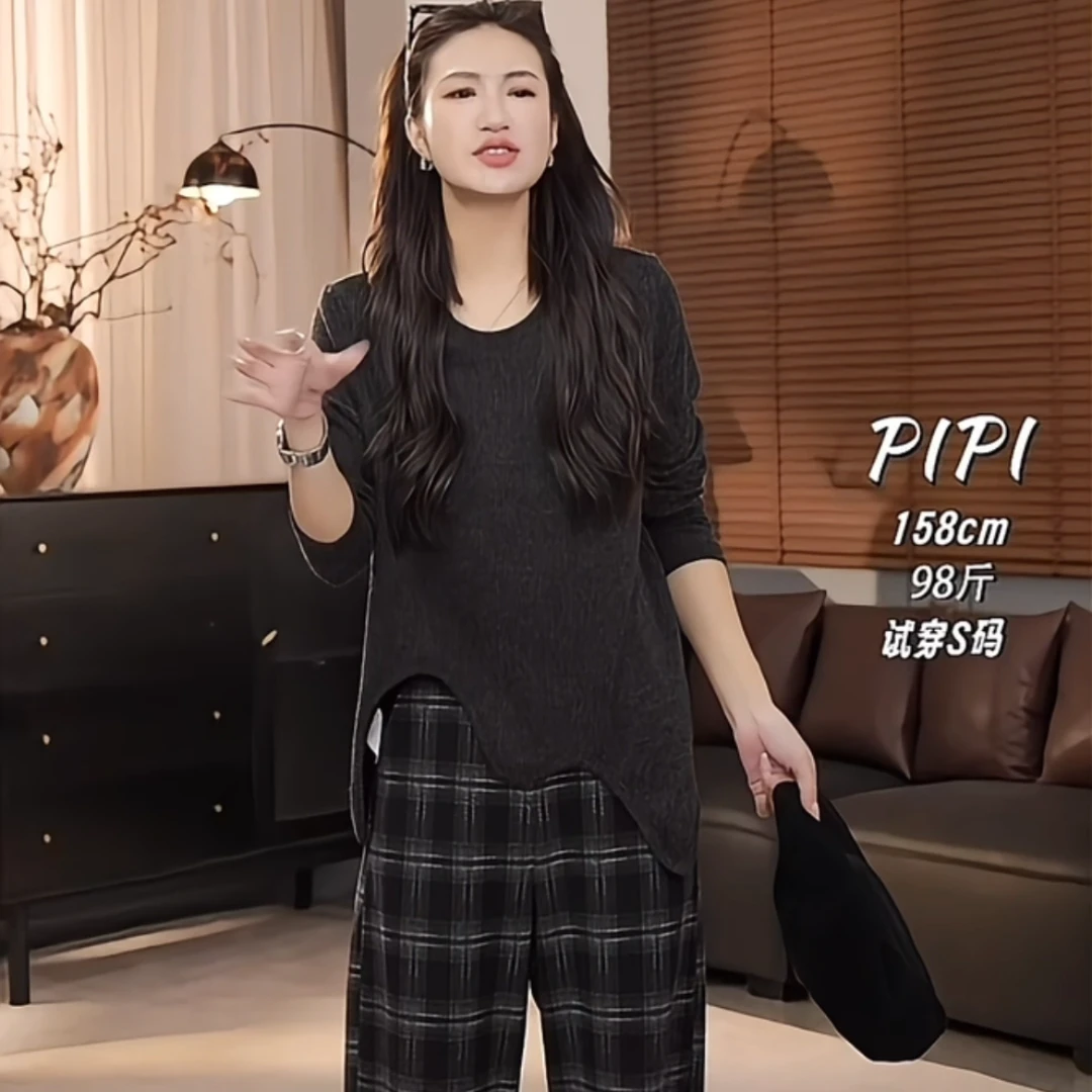 下摆不规则长袖T恤女秋季新款圆领纯色打底衫宽松内搭上衣