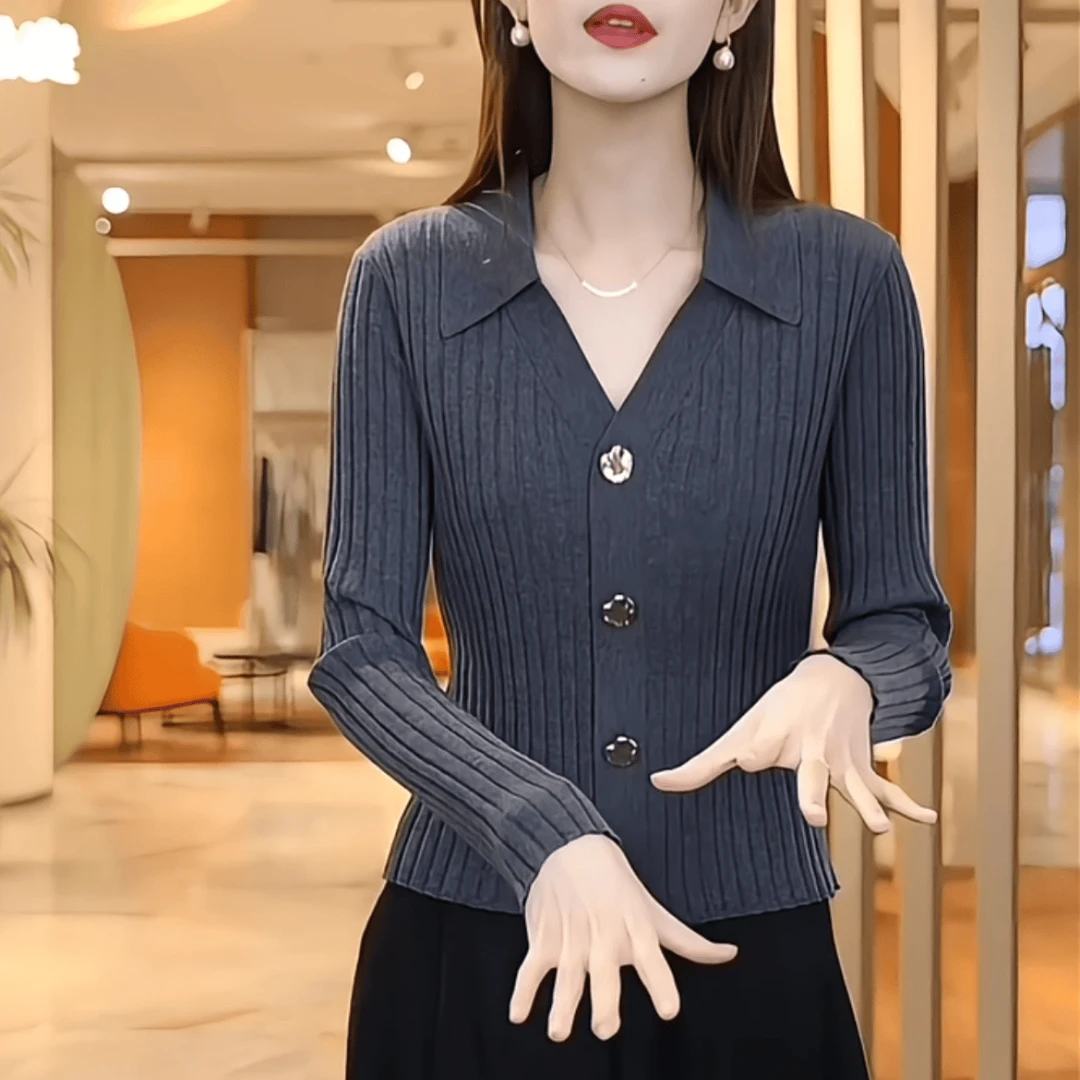 翻领红色针织开衫2024秋季新款修身显瘦打底衫短款长袖内搭上衣