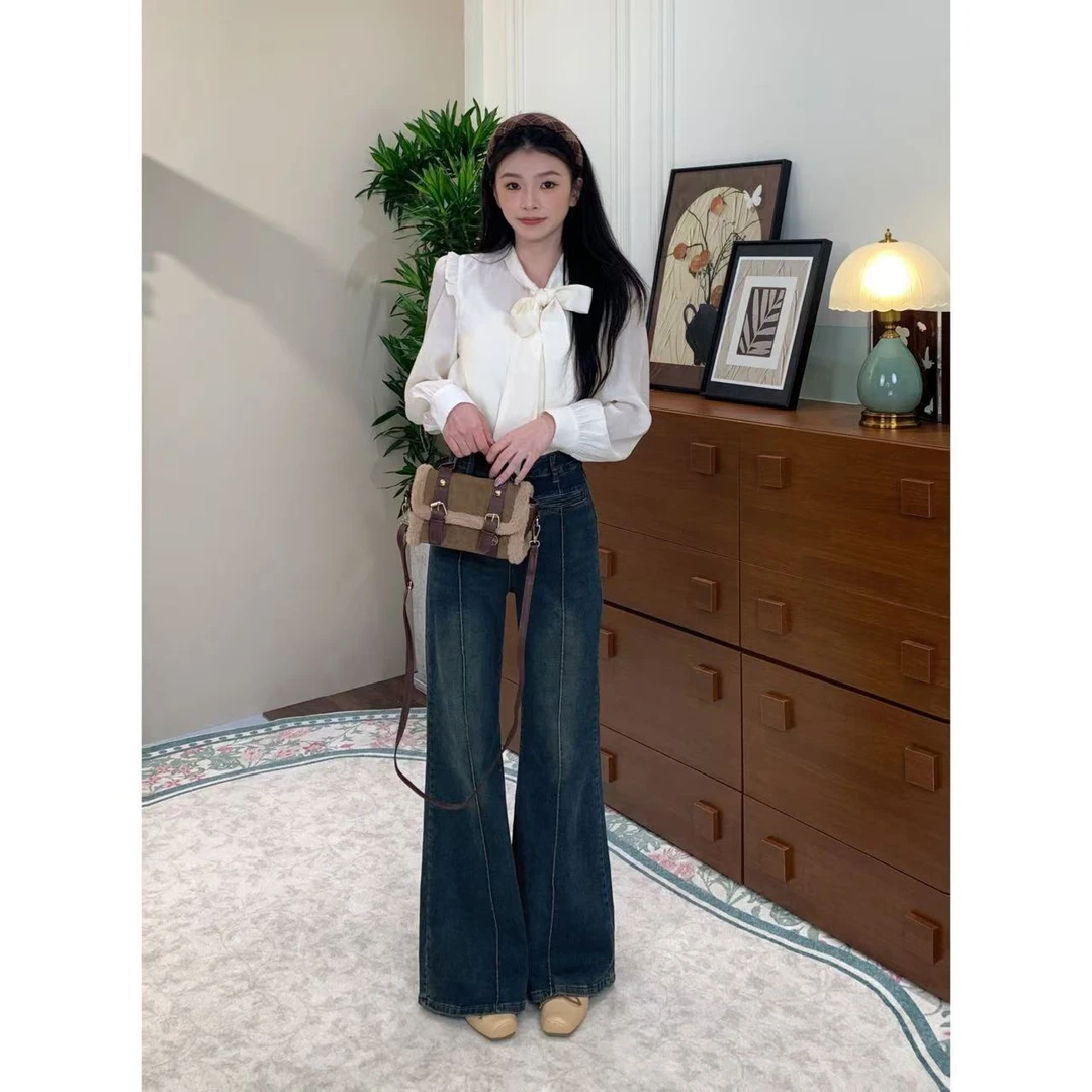 【线条主义】秋季新款复古水洗小众高腰垂感修身显瘦牛仔裤#1098