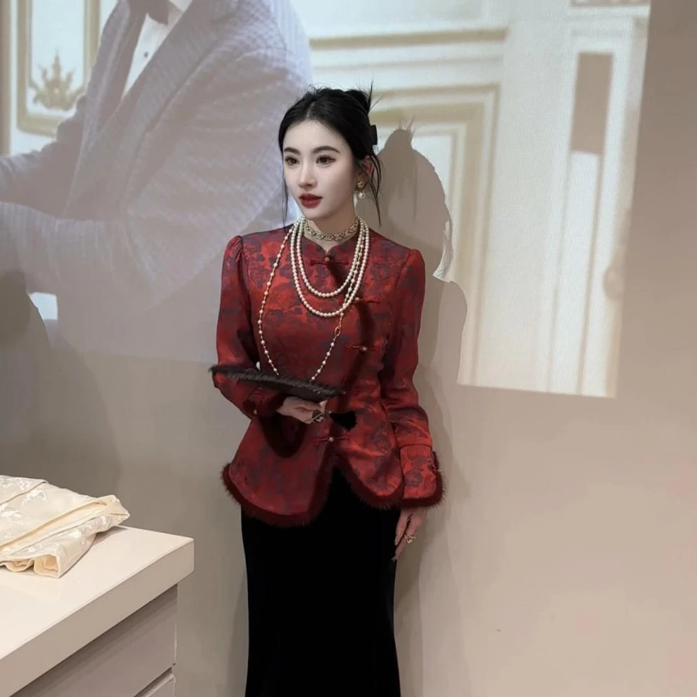 2025秋冬新款新年新中式缎面水貂毛双层加绒加厚收腰衬衫提花上衣