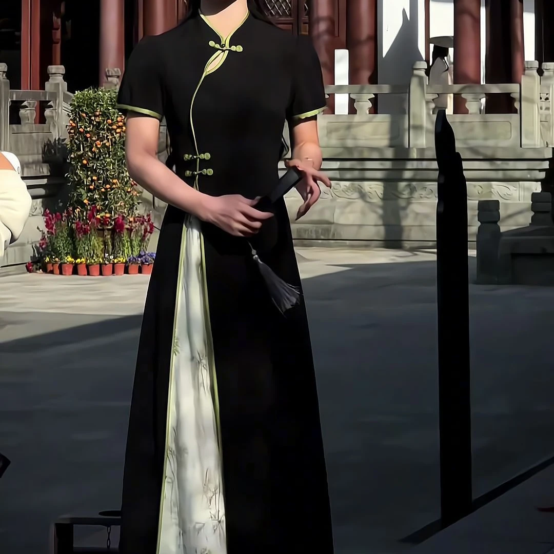 新中式国风旗袍连衣裙黑色夏春装气质裙子长裙女装自带冰凉不掉色