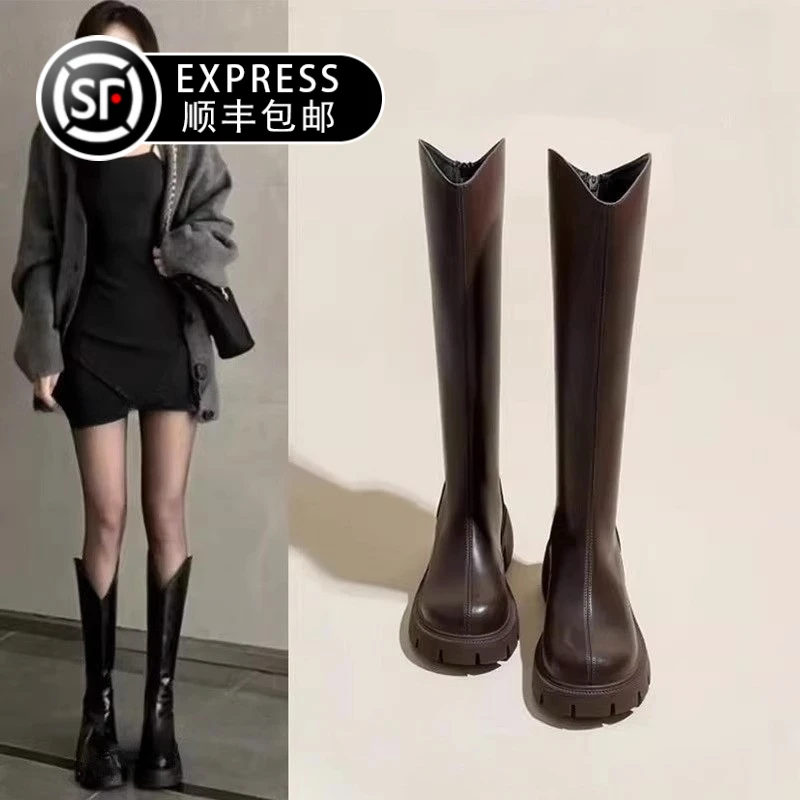 她他乖品牌春夏长筒靴韩版厚底增高加绒长靴网红百搭弹力胖mm女靴