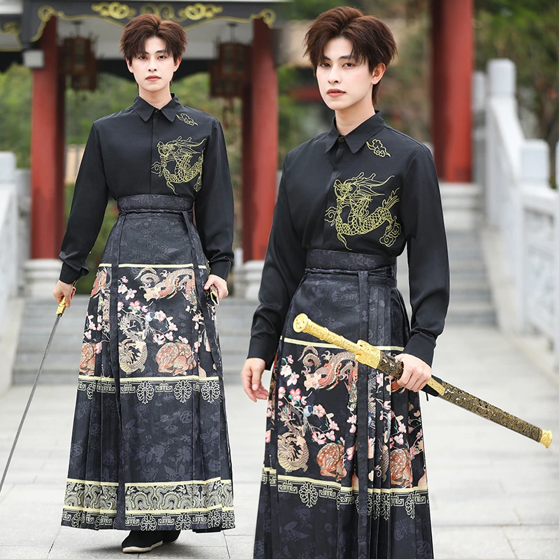 新中式国风汉元素男装古装日常汉服青少年上衣刺绣印花马面裙衬衫