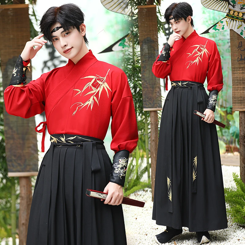 黑红武侠风汉服男女侠竹叶刺绣交领情侣装古风大码套装团队服班服