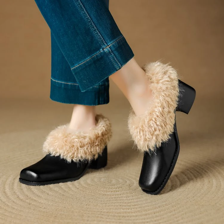 牛皮5.5cm毛毛鞋～复古方头中跟气质深口单鞋冬季加绒厚毛真皮粗跟