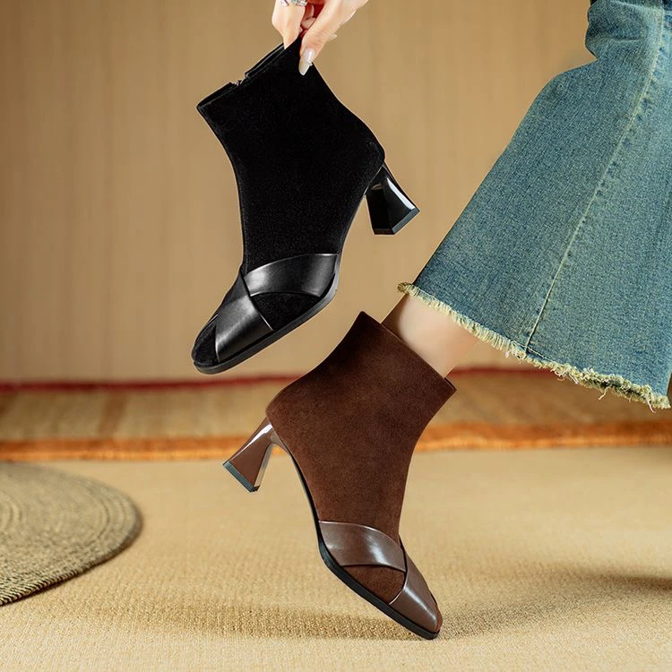 里外纯皮～羊皮6cm复古方头短靴高跟显瘦气质粗跟瘦瘦靴时装靴短筒