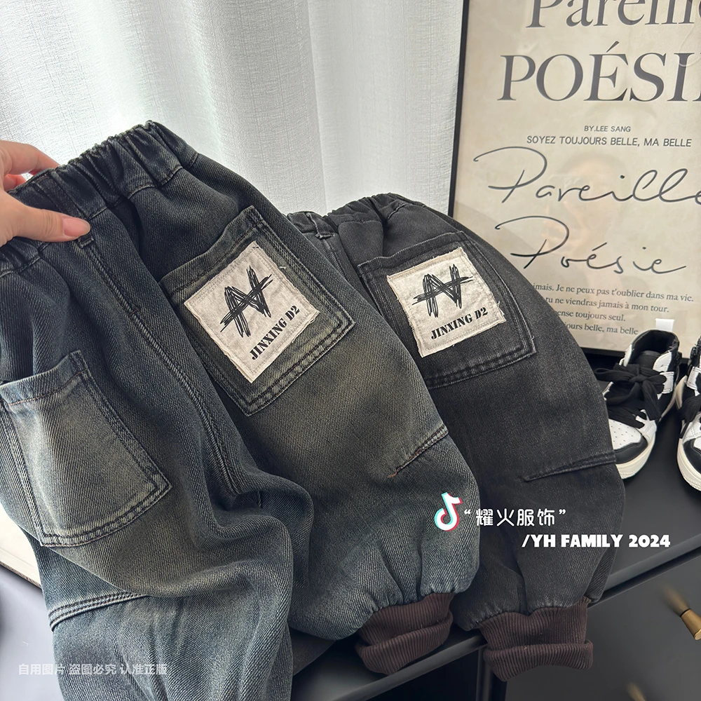 冬韩版简约洋气百搭宽松儿童加绒牛仔裤  MXX-163口袋贴标牛仔裤