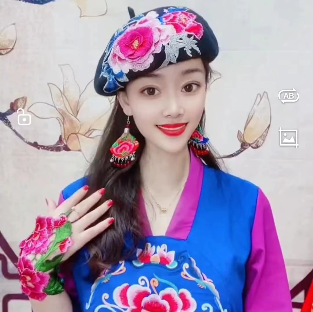 刺绣秋冬文艺帽子女保暖贝雷帽民族风情贝雷帽女士古风绣花帽