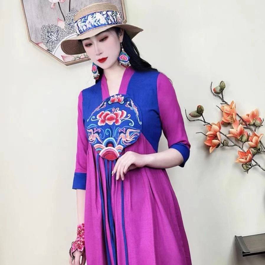 民族风春夏刺绣连衣裙女装连衣裙大码中国风修身裙子