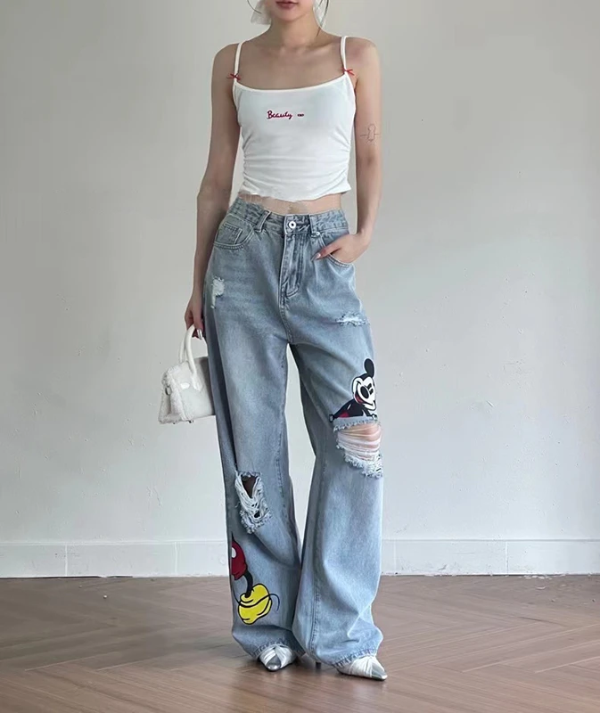 TEEINXX辣妹米奇印花破洞阔腿蓝色牛仔裤-NZ133