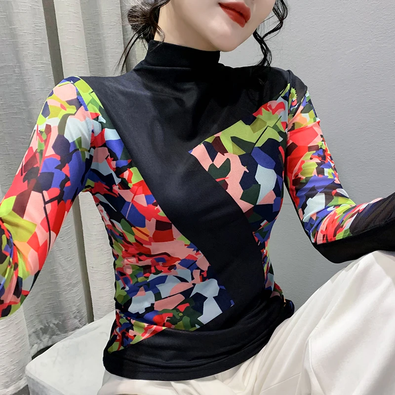【主播推荐】欧货女装2023秋时尚洋气长袖高领网纱t恤女定位花上衣