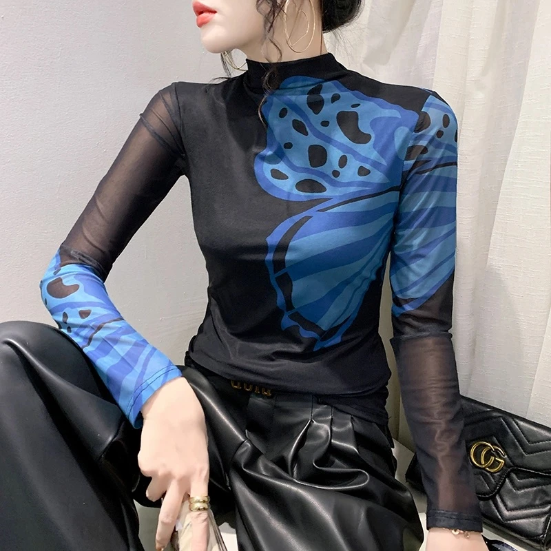 【自由鸟专属】2024秋装新款高领长袖网纱定位印花t恤女