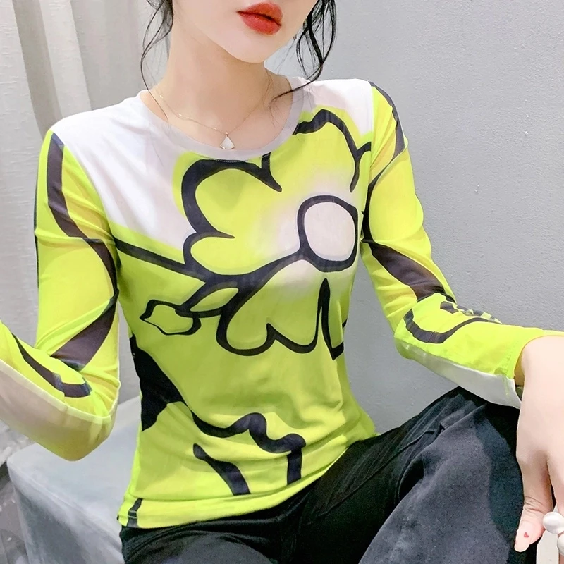 2024秋新款时尚图案长袖气质百搭上衣圆领