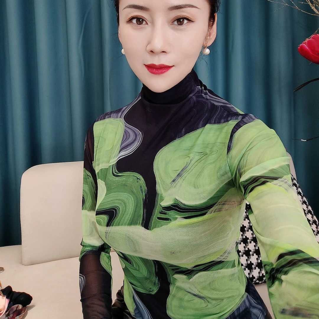 【自由鸟专属】网纱长袖圆领t恤打底印花上衣2024秋新款设计感