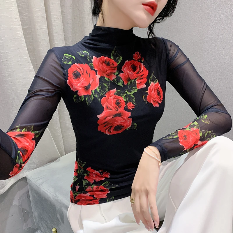 欧货女装2024秋冬时尚洋气长袖高领网纱t恤女定位花上衣