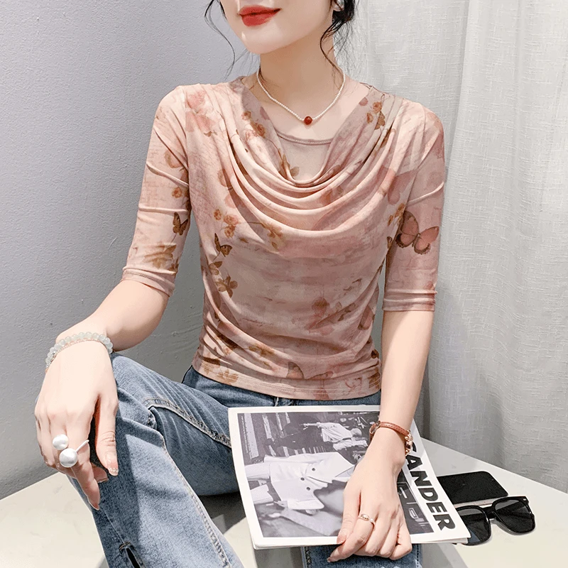 2024新款夏款网纱印花碎花上衣时尚显瘦气质T恤女夏季百搭半袖