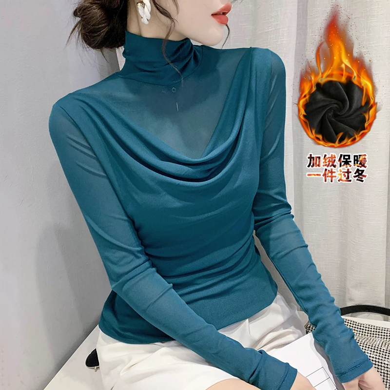 加绒2024新款高领网纱打底衫女修身性感假两件荡领长袖T恤女