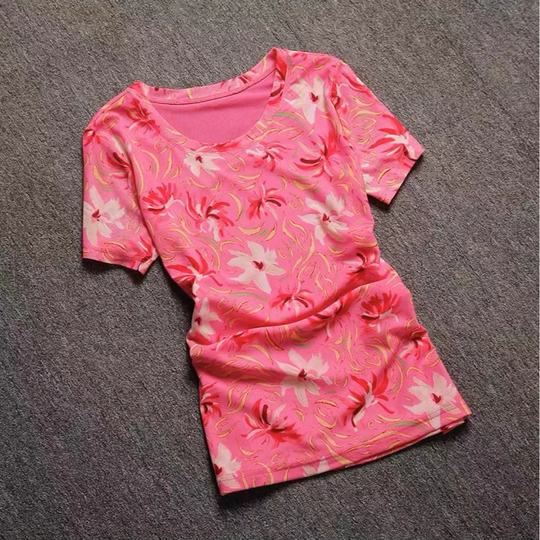 【蝶恋花专属】夏季新款印花打底衫网纱上衣女修身外穿内搭T恤圆领