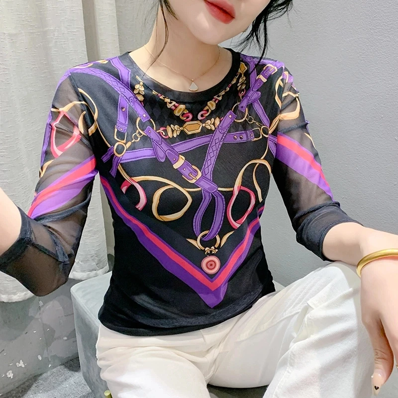 2024秋冬新款七分袖网纱圆领大牌上衣时尚显瘦气质打底网纱T恤