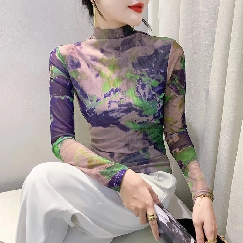 【蝶恋花专属】欧货女装2024秋冬时尚长袖高领网纱t恤女定位花上衣