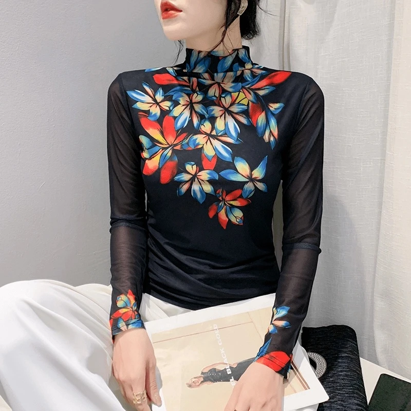 【蝶恋花专属】欧货女装2024秋冬时尚洋气长袖高领网纱t恤女上衣