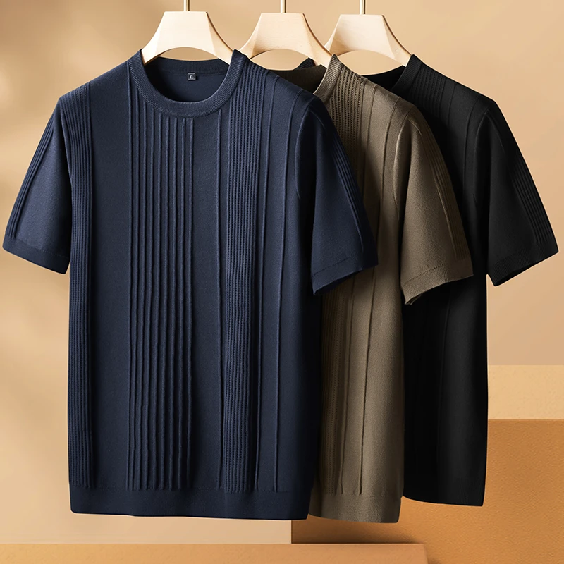 秋冬大码针织短袖男毛衣加肥加大条纹半袖针织衫圆领套头毛线衫
