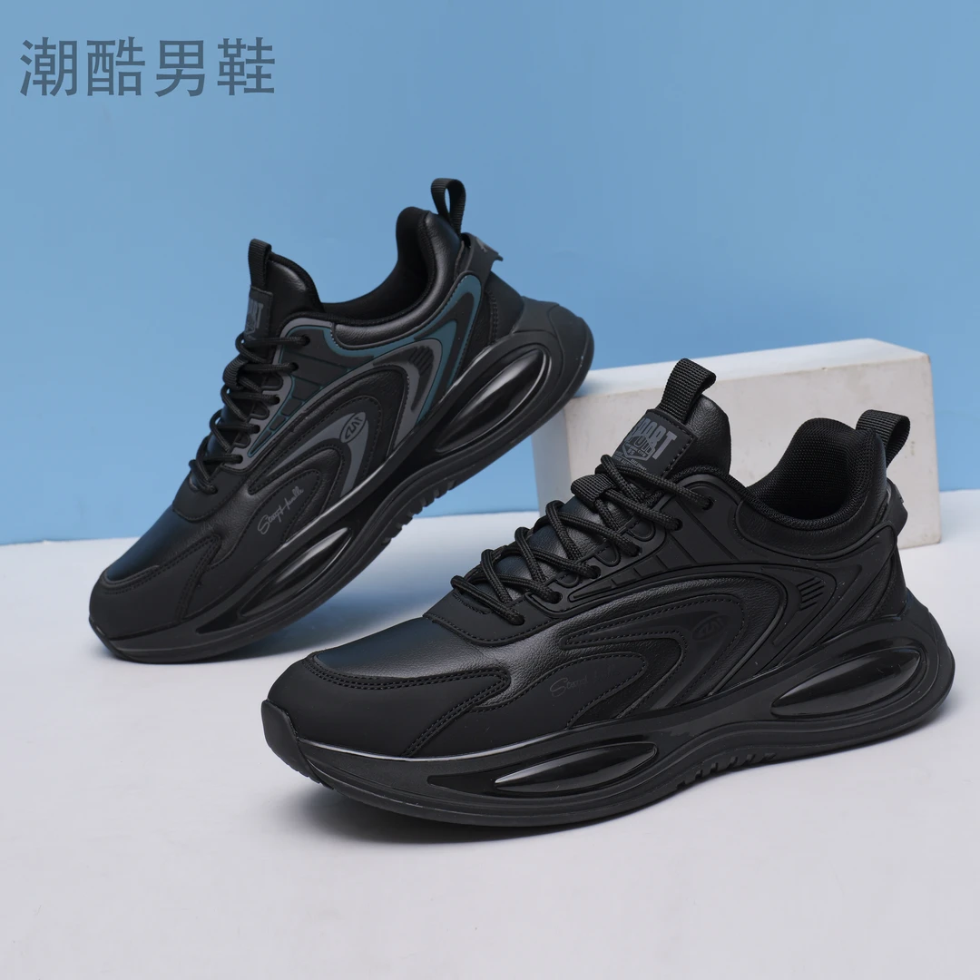 莎6268秋冬2024新款时尚百搭休闲黑色超纤皮面男士老爹鞋有单有棉
