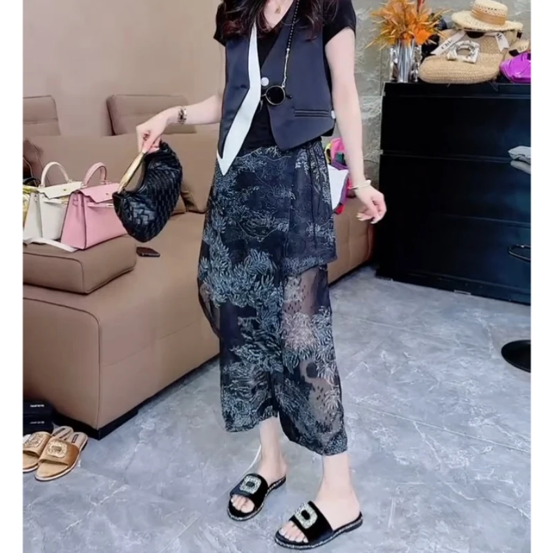 Aimeerosa/艾洛莎新中式复古印花休闲裤夏季高级减龄显瘦八分裙裤