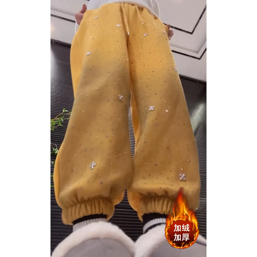 Aimeerosa/艾洛莎休闲裤宽松显瘦九分裤冬季高级百搭烫钻加绒卫裤