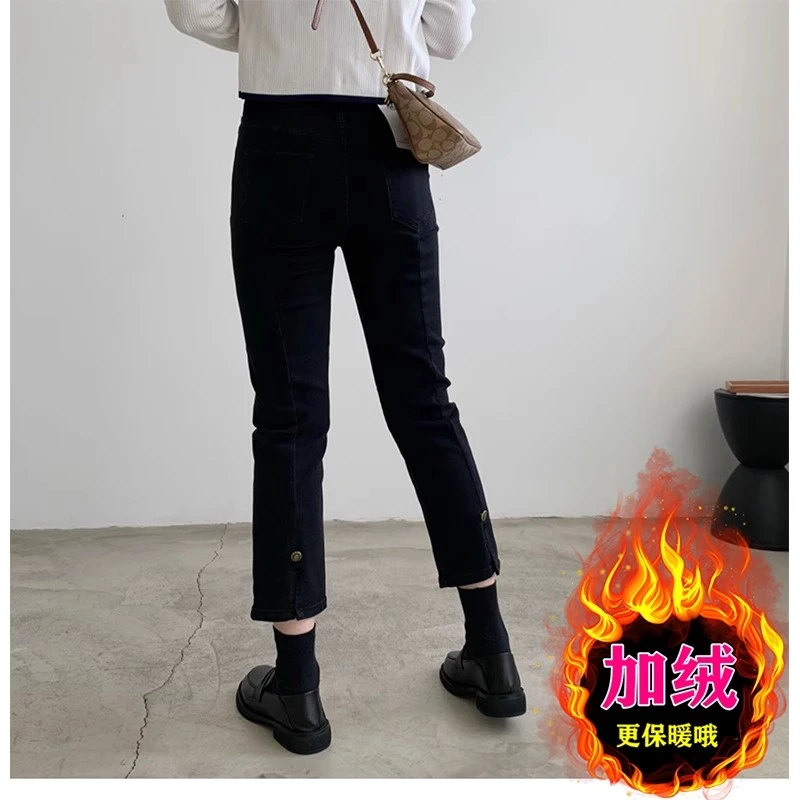 黑色开叉直筒牛仔裤女冬季新款高腰大码宽松显瘦加绒烟管裤 30-40