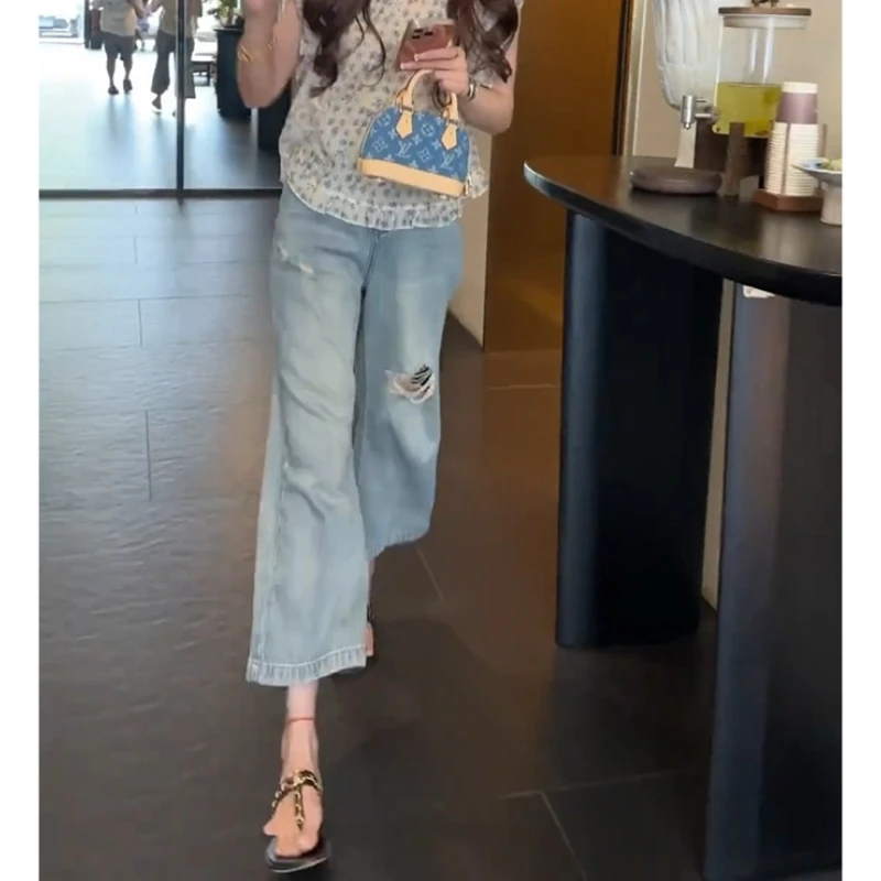 Aimeerosa/艾洛莎直筒裤夏季女洋气时尚破洞八分裤修身显瘦牛仔裤