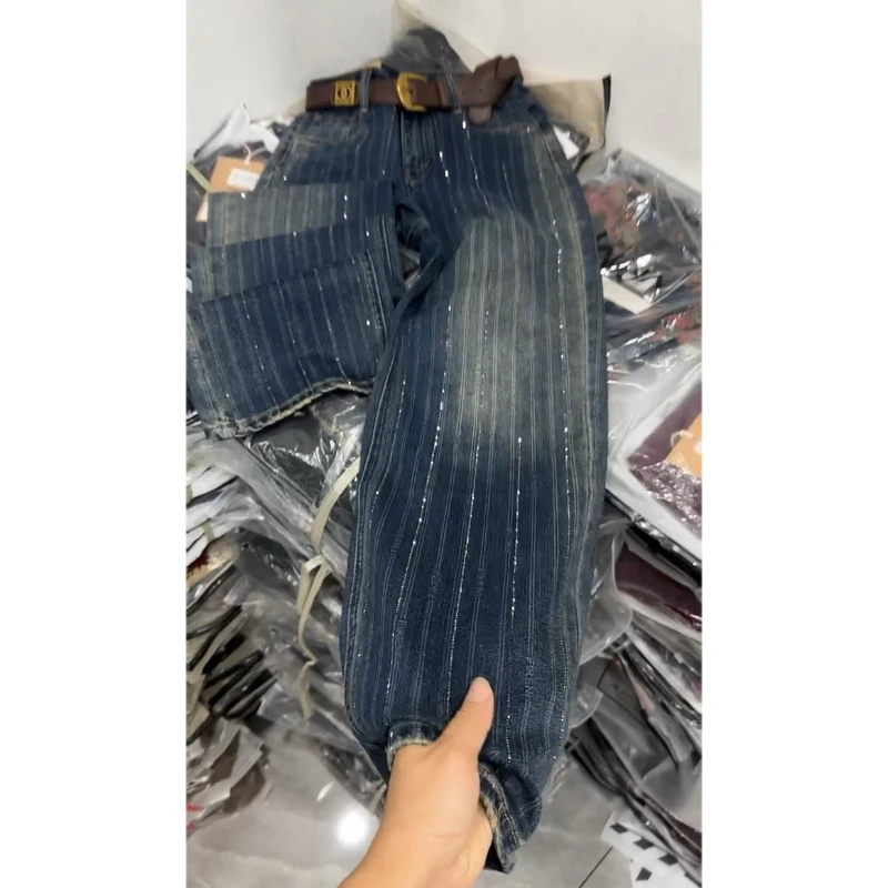Aimeerosa/艾洛莎秋季牛仔裤高腰显瘦长裤时尚竖条烫钻