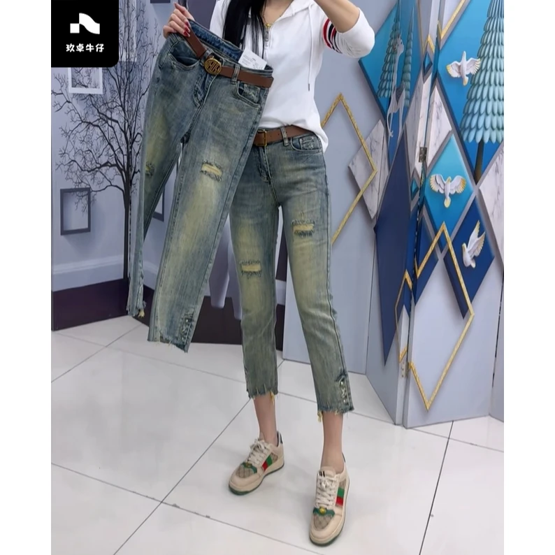 Aimeerosa/艾洛莎直筒牛仔裤女潮流时尚显瘦复古小个子八分烟管裤