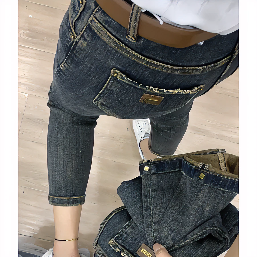 Aimeerosa/艾洛莎高腰牛仔裤女大码显瘦修身弹力九分直筒烟管裤子