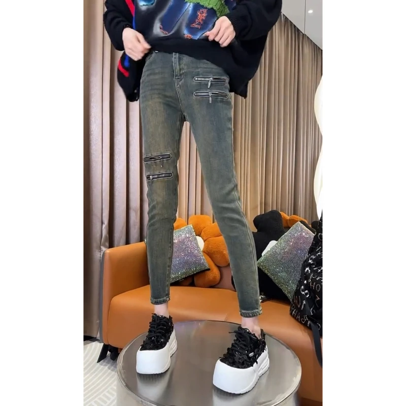 Aimeerosa/艾洛莎牛仔裤高腰显瘦九分裤秋季时尚洋气多拉链小脚裤