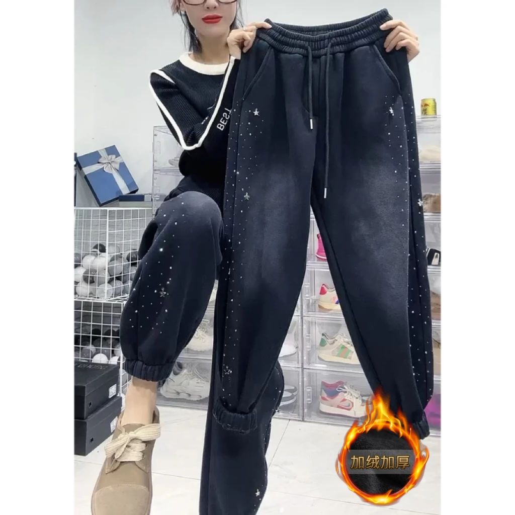 Aimeerosa/艾洛莎休闲裤宽松百搭束脚裤冬季加绒高级时尚烫钻卫裤